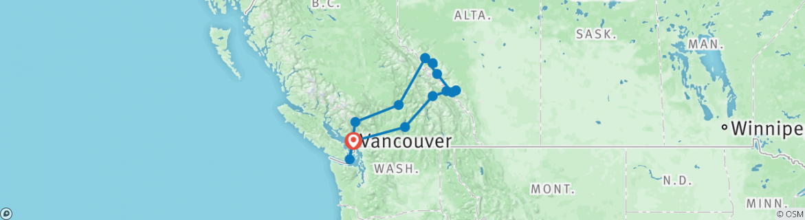 Image of a map showing the route of the tour