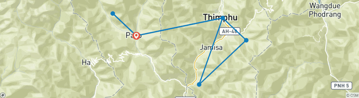 Carte du circuit Randonnée des « Mille Lacs » au Bhoutan : randonnée de 9 jours sur le circuit de Dagala, de Thimphou à Paro
