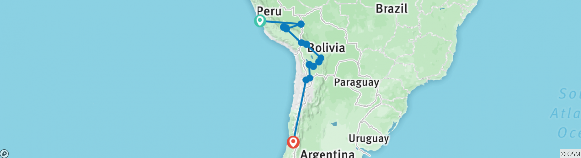 Image of a map showing the route of the tour