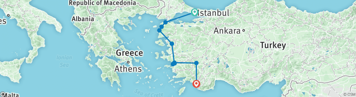 Image of a map showing the route of the tour