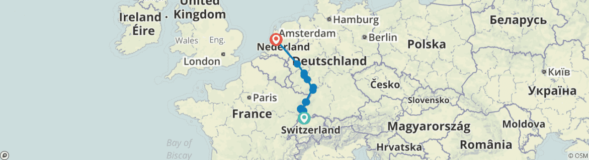 Image of a map showing the route of the tour