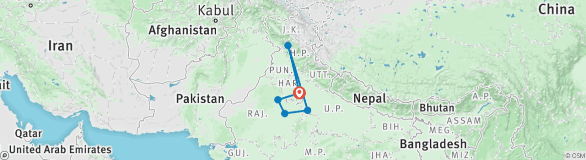 Image of a map showing the route of the tour
