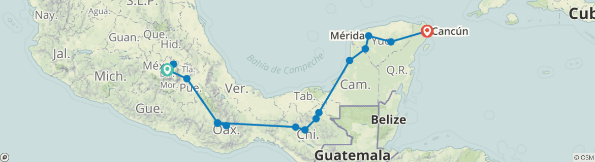 Image of a map showing the route of the tour