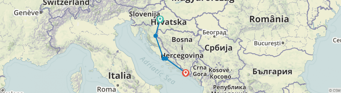Image of a map showing the route of the tour