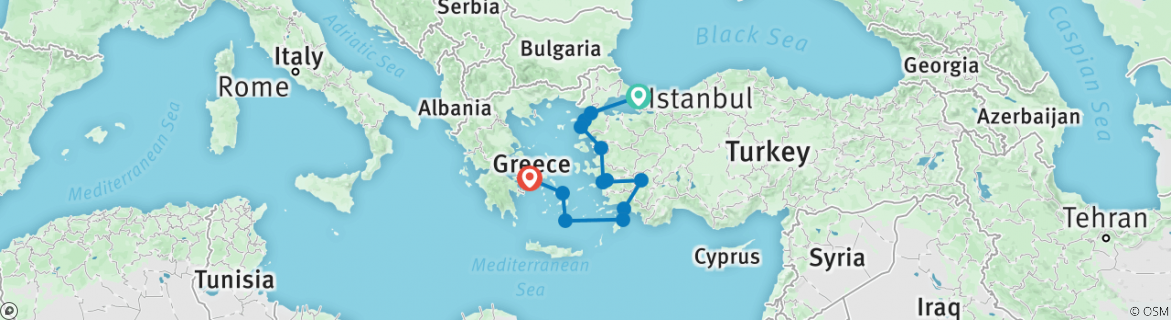 Image of a map showing the route of the tour