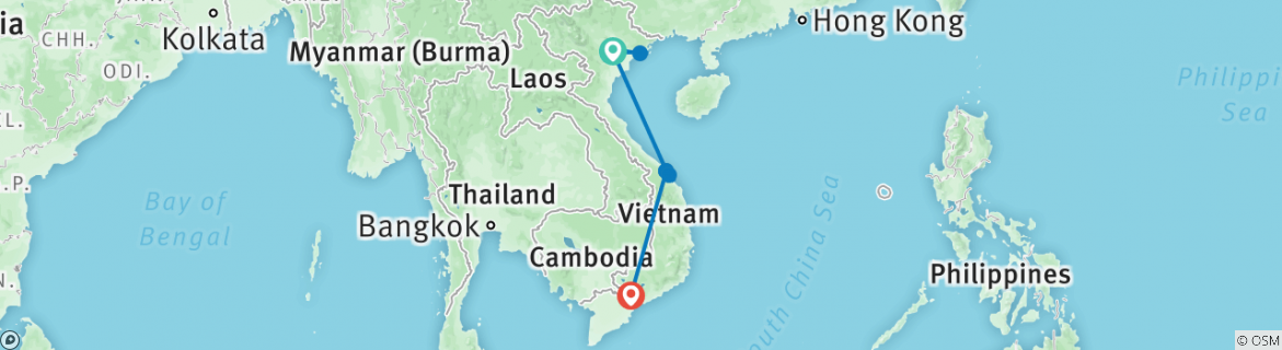 Image of a map showing the route of the tour
