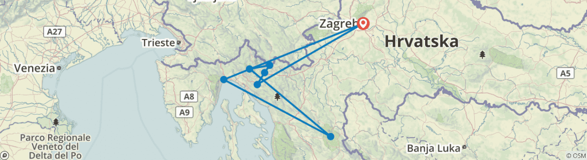 Image of a map showing the route of the tour