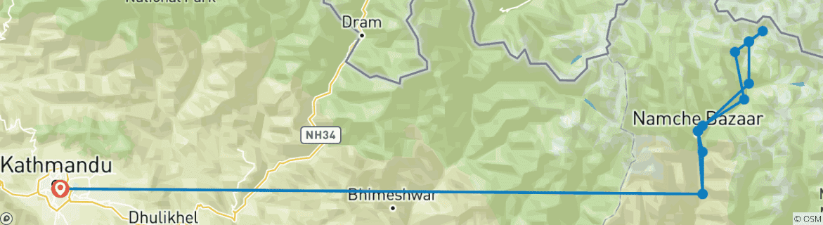 Image of a map showing the route of the tour