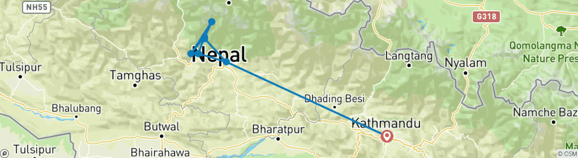 Mapa de Excursionismo en corto al campamento base del Annapurna