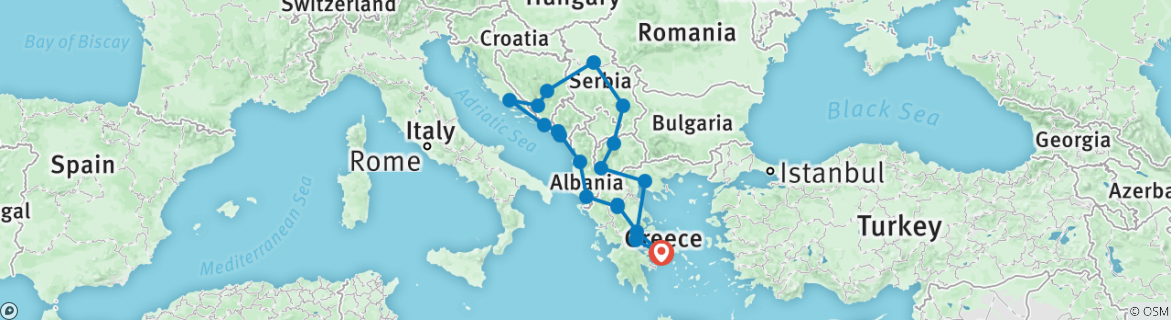 Image of a map showing the route of the tour