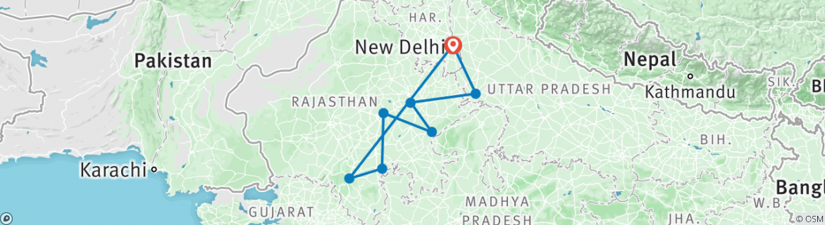 Image of a map showing the route of the tour