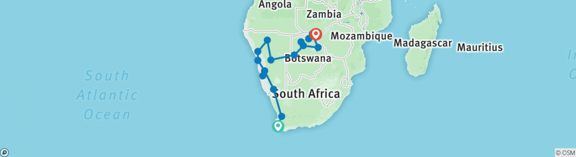 Image of a map showing the route of the tour