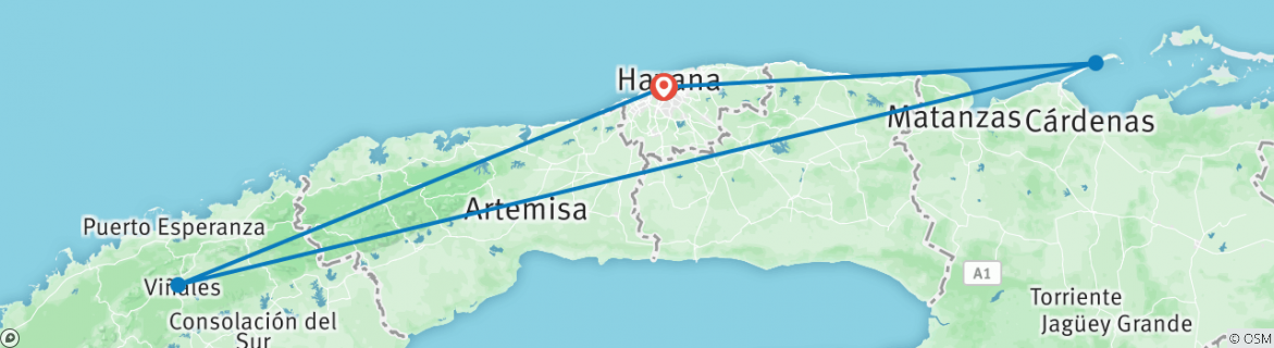 Image of a map showing the route of the tour