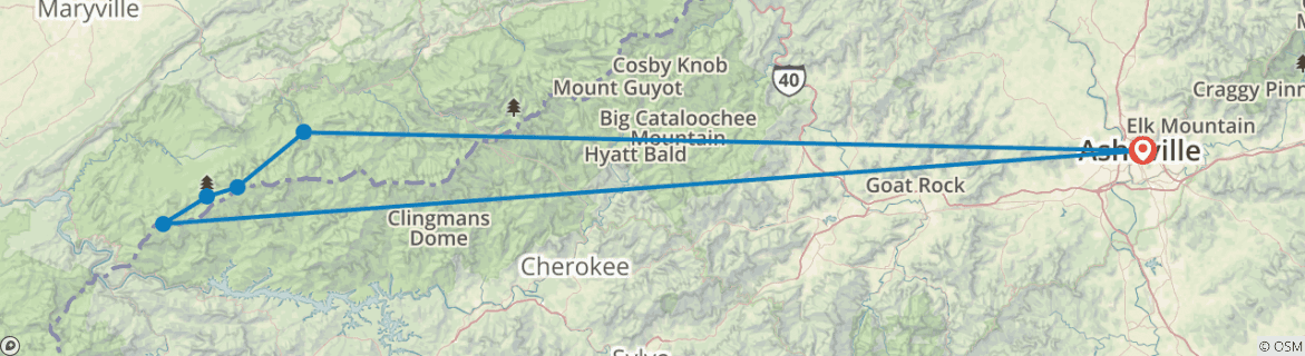 Image of a map showing the route of the tour