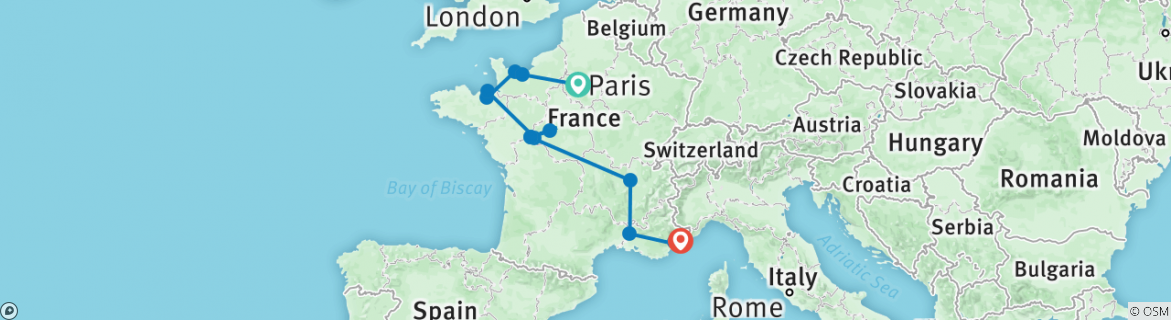 Image of a map showing the route of the tour