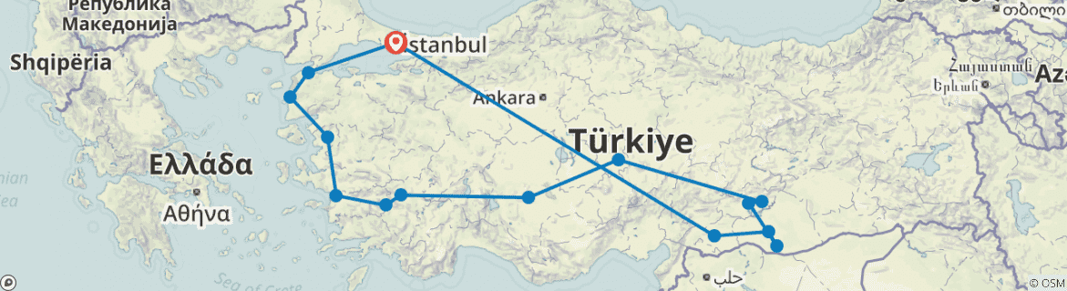 Image of a map showing the route of the tour