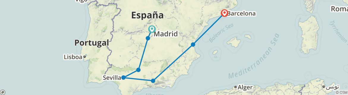 Image of a map showing the route of the tour