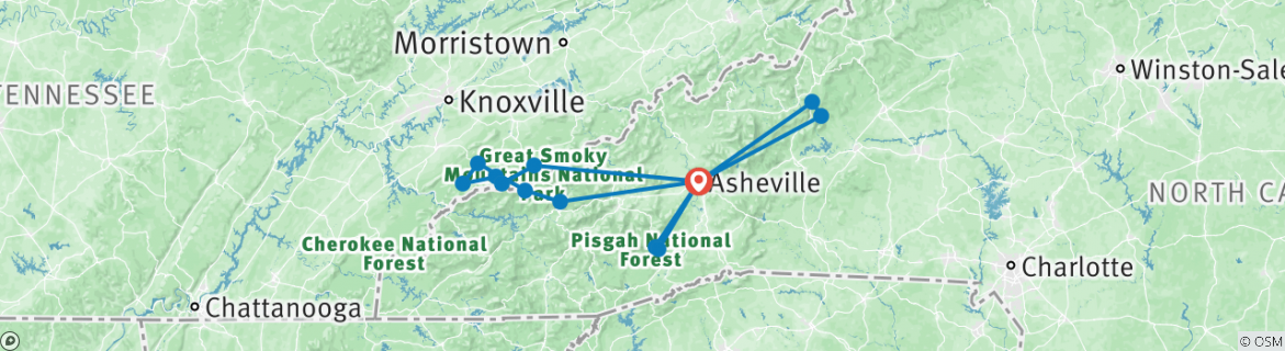 Image of a map showing the route of the tour