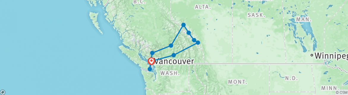 Image of a map showing the route of the tour