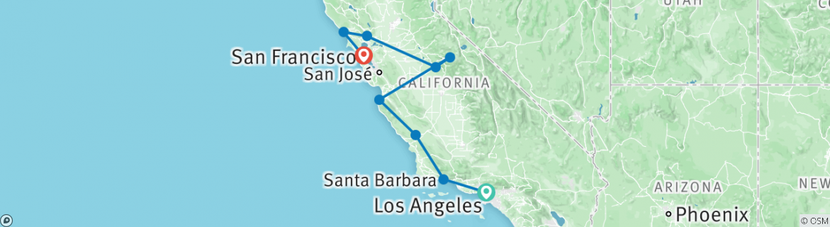 Image of a map showing the route of the tour
