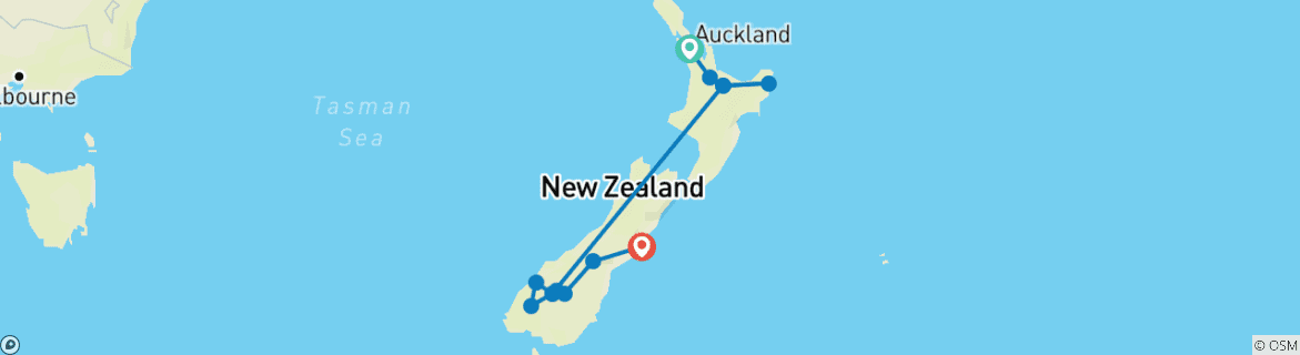 Carte du circuit Contrastes de la Nouvelle-Zélande