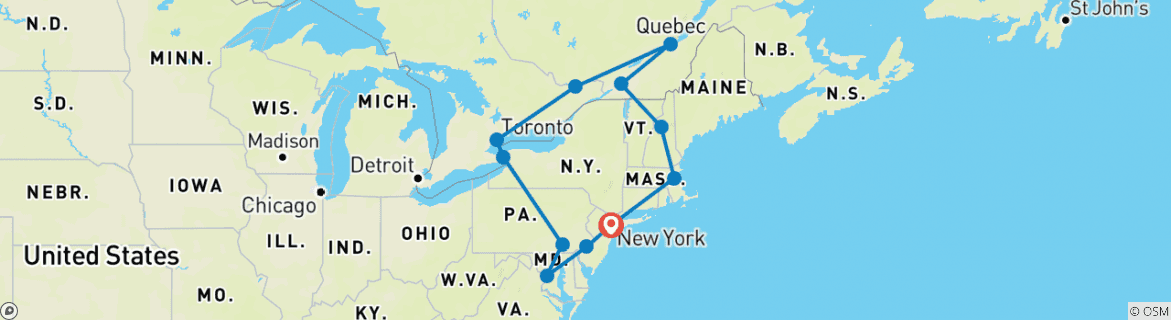 Image of a map showing the route of the tour