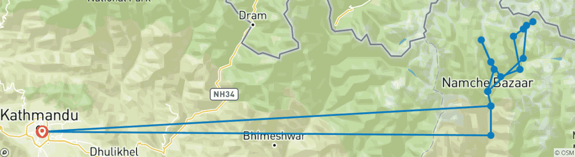 Image of a map showing the route of the tour