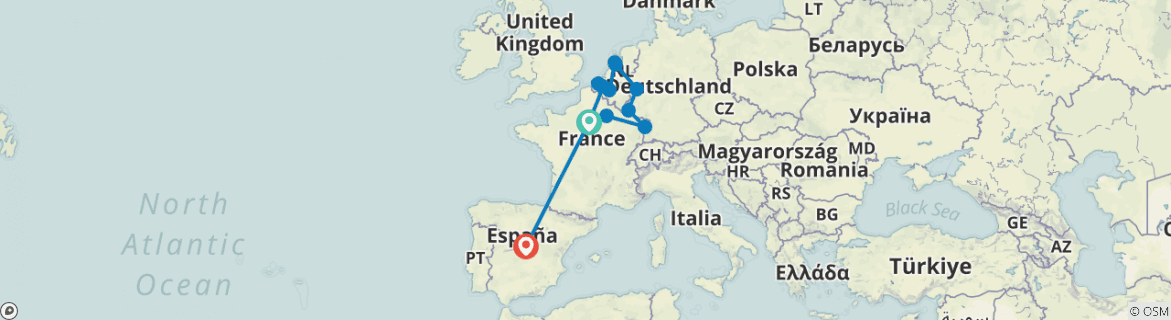 Image of a map showing the route of the tour