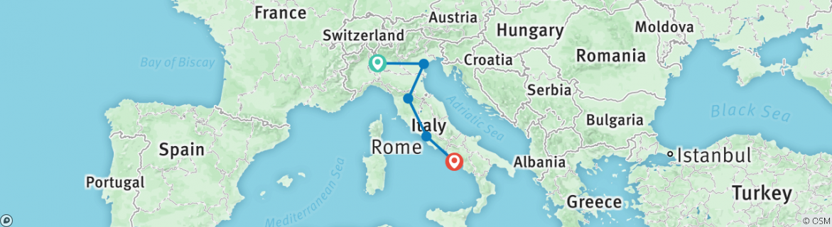 Image of a map showing the route of the tour