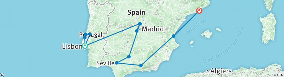 Image of a map showing the route of the tour