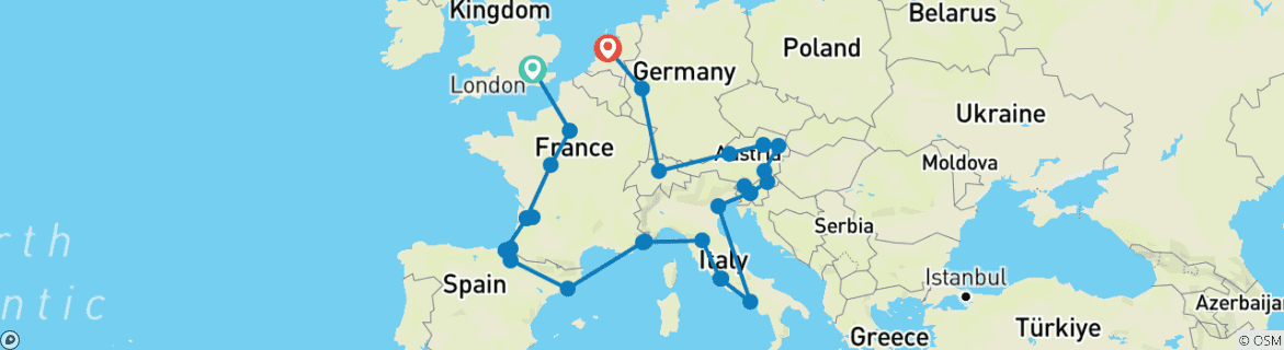 Image of a map showing the route of the tour