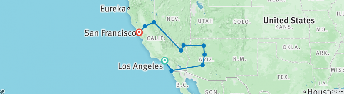 Image of a map showing the route of the tour