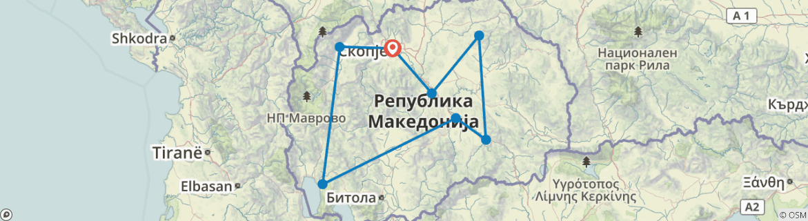 Image of a map showing the route of the tour