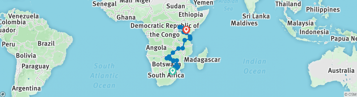 Image of a map showing the route of the tour
