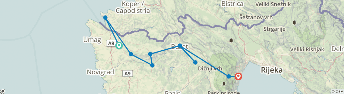 Image of a map showing the route of the tour