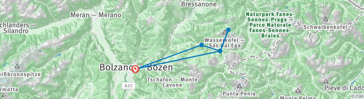 Image of a map showing the route of the tour