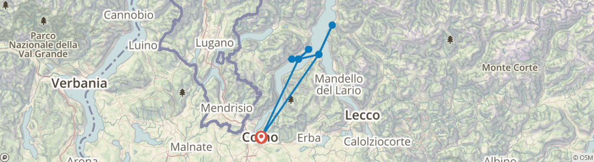 Image of a map showing the route of the tour