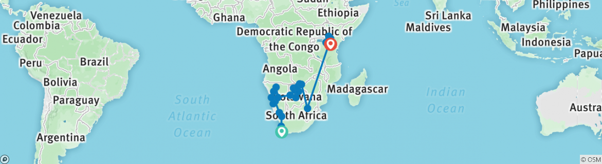 Image of a map showing the route of the tour