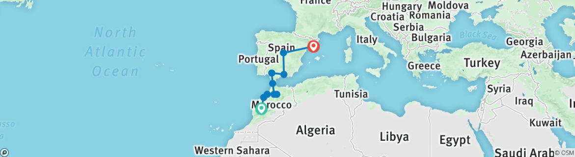 Image of a map showing the route of the tour