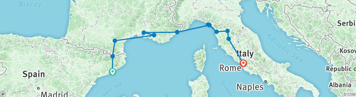 Image of a map showing the route of the tour