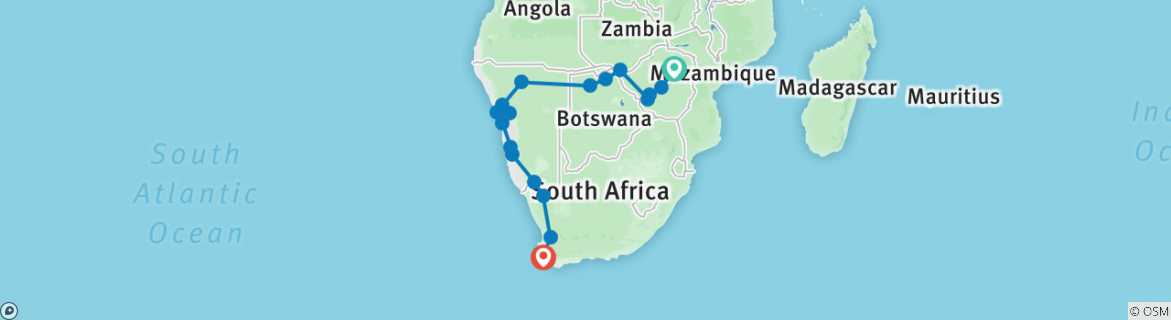 Image of a map showing the route of the tour
