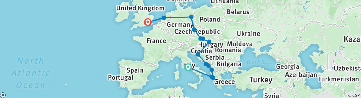 Image of a map showing the route of the tour