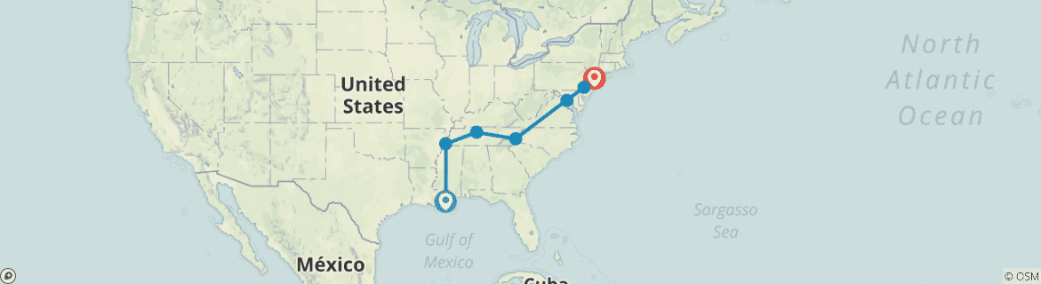 Image of a map showing the route of the tour