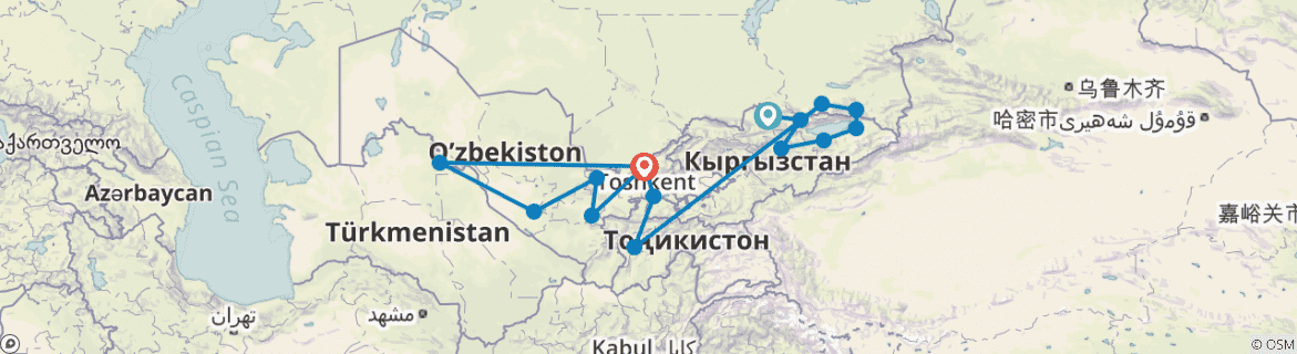 Image of a map showing the route of the tour