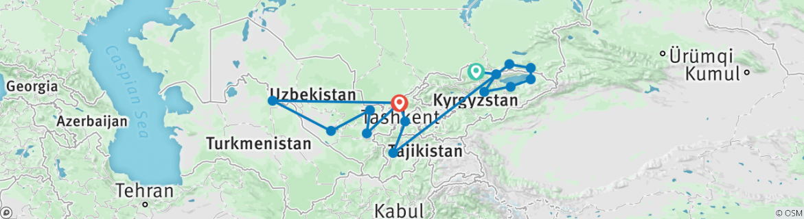 Image of a map showing the route of the tour