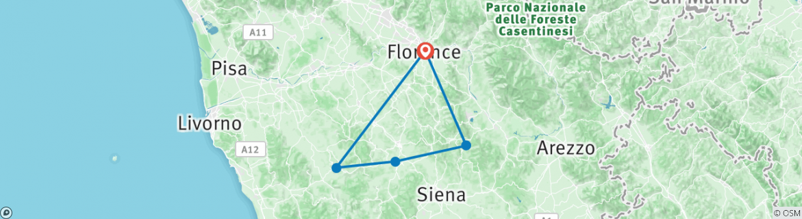 Image of a map showing the route of the tour