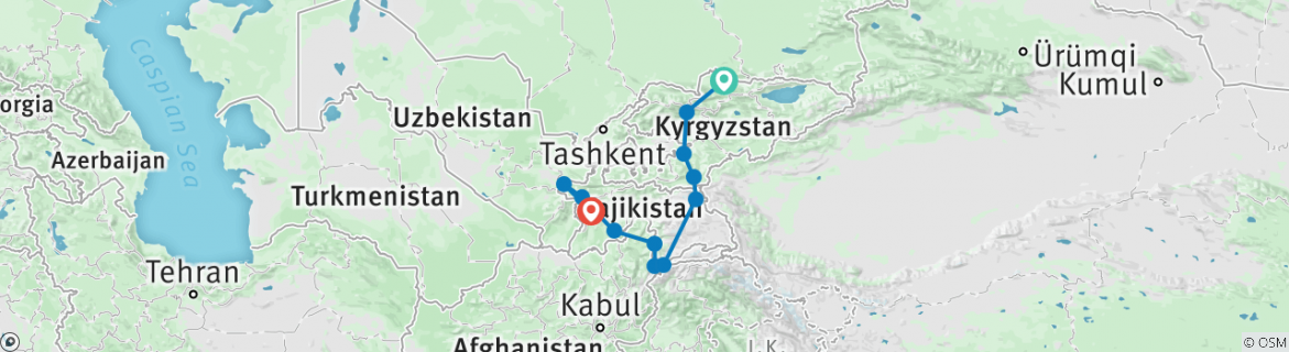 Image of a map showing the route of the tour