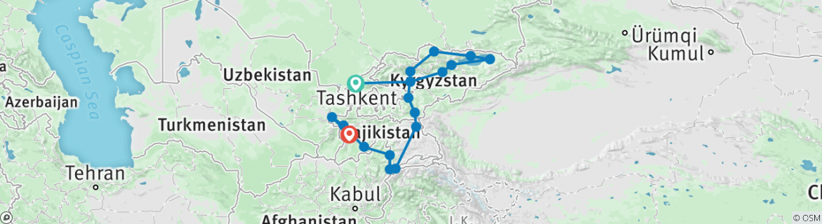 Image of a map showing the route of the tour
