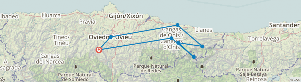 Image of a map showing the route of the tour