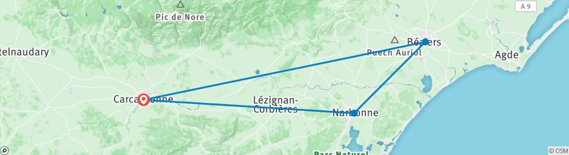 Image of a map showing the route of the tour
